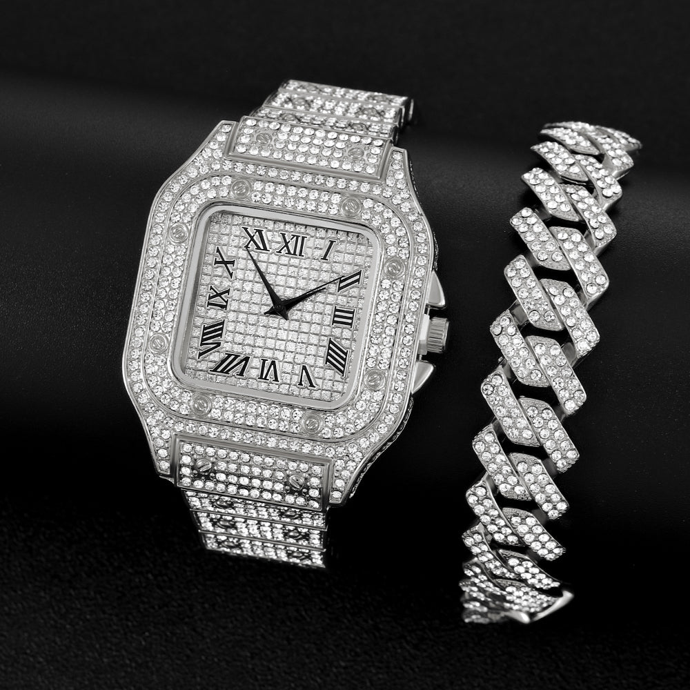Shine Crystal Iced Out Watch With Full Rhinestones Paved Luxury Rhombus Cuban Link Chain