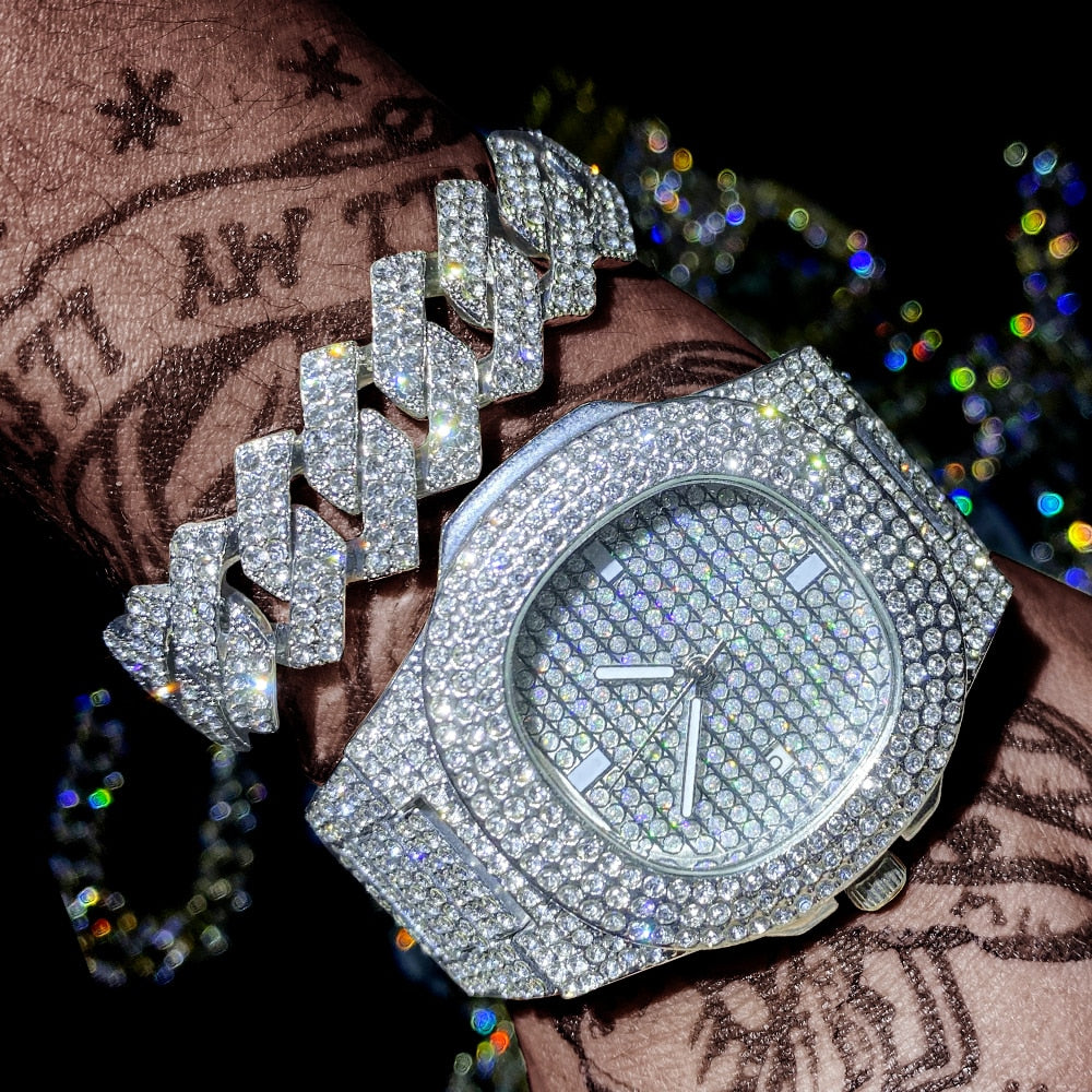Shine Crystal Iced Out Watch With Full Rhinestones Paved Luxury Rhombus Cuban Link Chain
