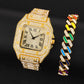 Shine Crystal Iced Out Watch With Full Rhinestones Paved Luxury Rhombus Cuban Link Chain