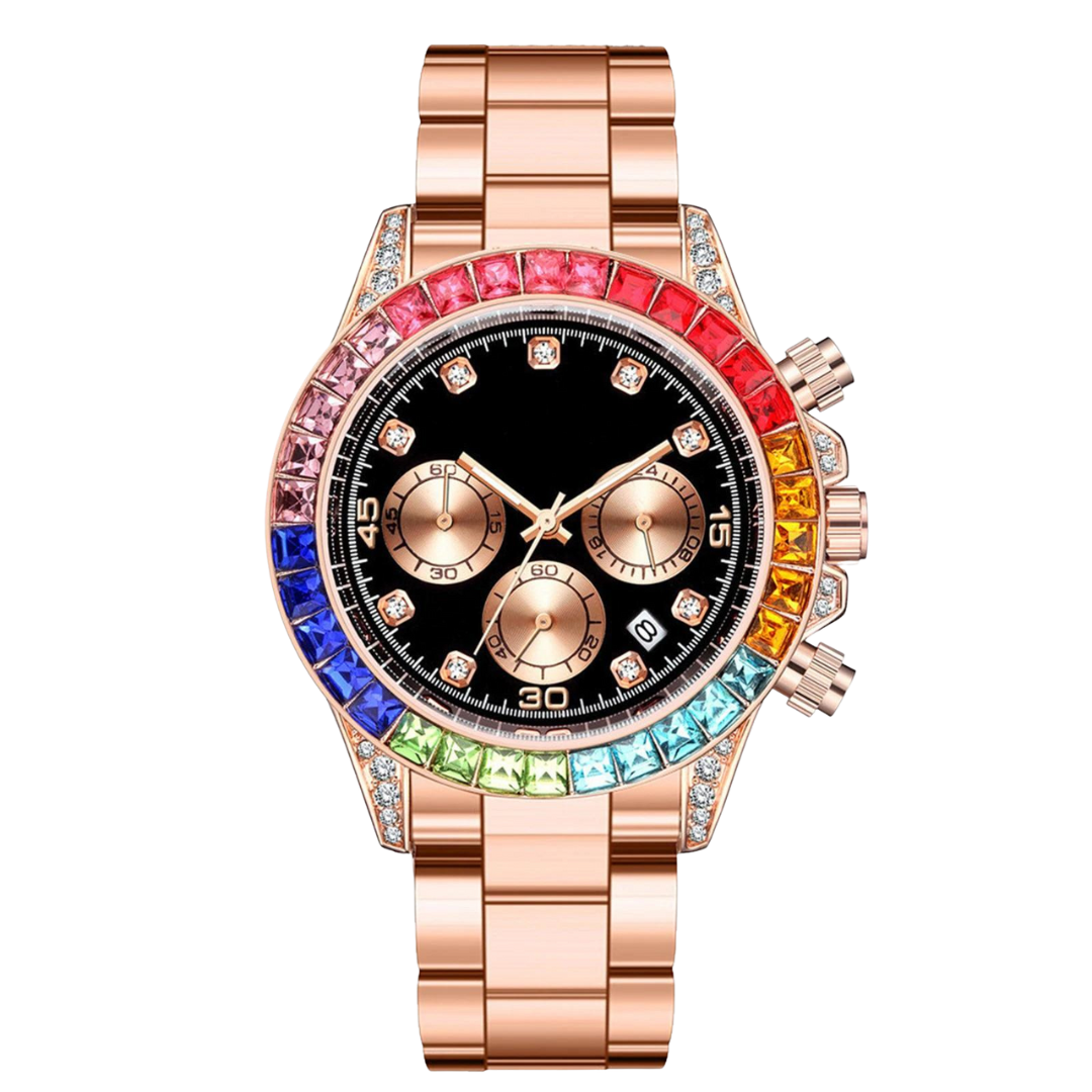 Colorful Rhinestone Full Iced Out Diamond Stainless Steel Wristwatch