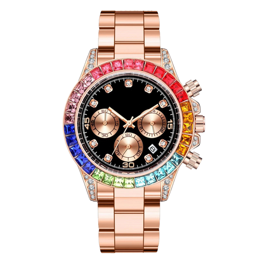 Colorful Rhinestone Full Iced Out Diamond Stainless Steel Wristwatch