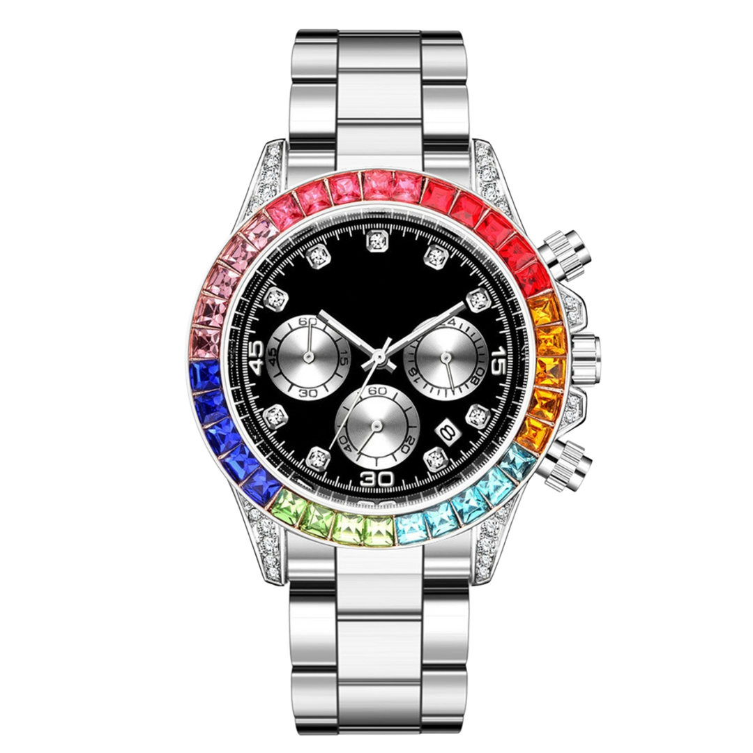 Colorful Rhinestone Full Iced Out Diamond Stainless Steel Wristwatch