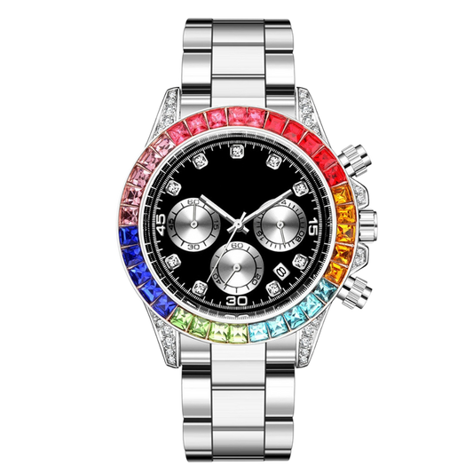 Colorful Rhinestone Full Iced Out Diamond Stainless Steel Wristwatch