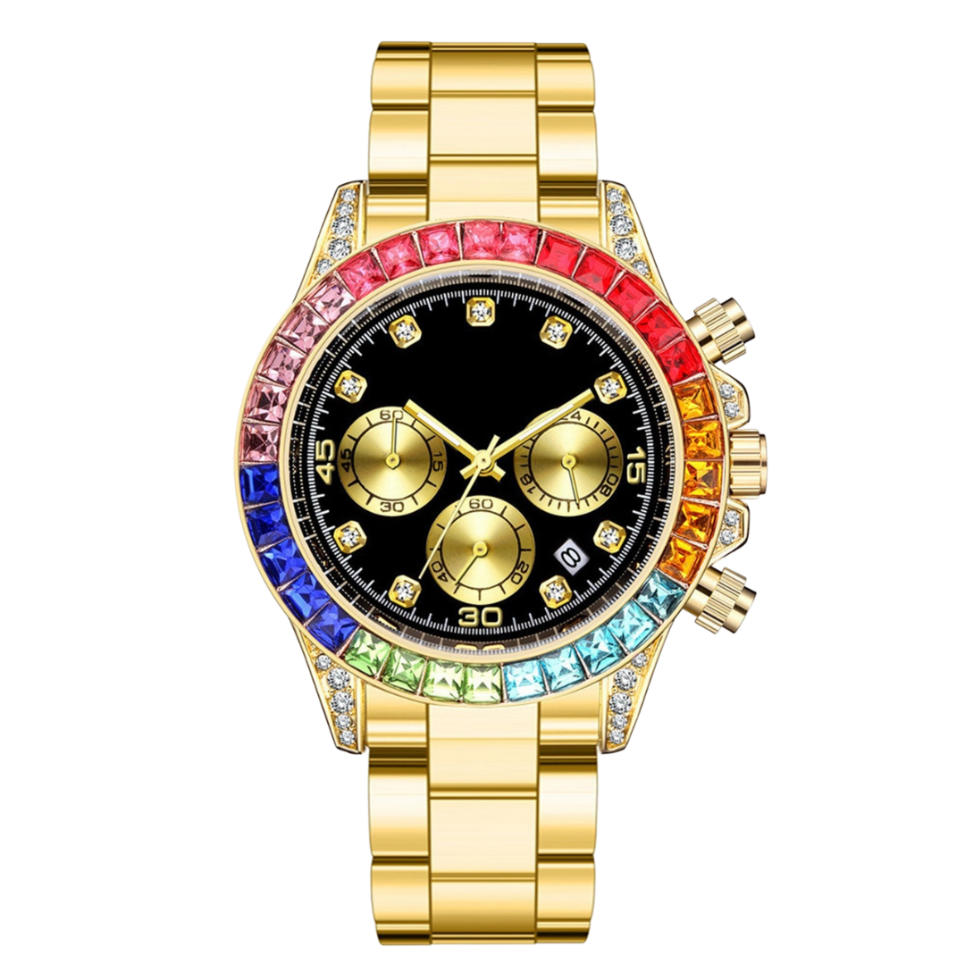 Colorful Rhinestone Full Iced Out Diamond Stainless Steel Wristwatch